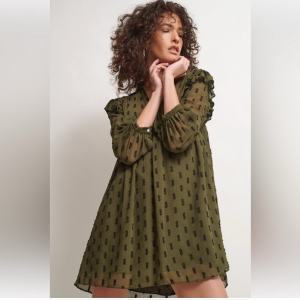 Zara Babydoll Ruffled Olive Green Bishop Sleeve Mini Dress | Size XS